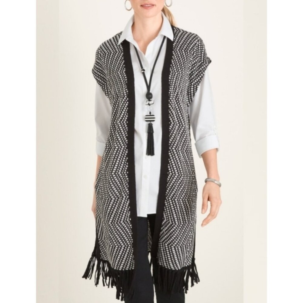 Chico's Patterned Fringe Detail Cardigan Sweater Vest Black & White Size 1 (M)